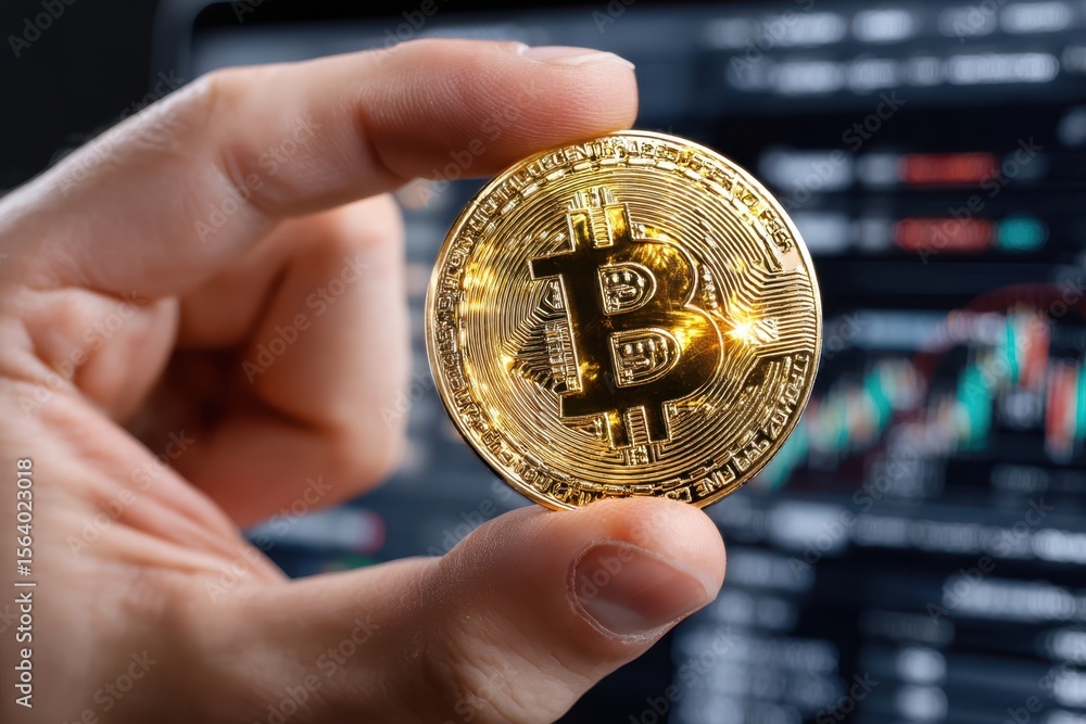 Poster golden bitcoin held in hand with trading charts in background during a market analysis session