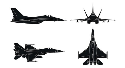 Fighter jets in silhouette from multiple perspectives airplane aircraft