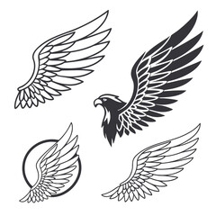 Set of wings icons. Wings icons. Bird wings, angel wings elements. Wing collection in different shape. Wings badges. Vector illustration	