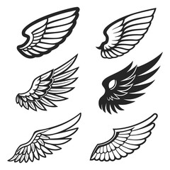 Set of wings icons. Wings icons. Bird wings, angel wings elements. Wing collection in different shape. Wings badges. Vector illustration	