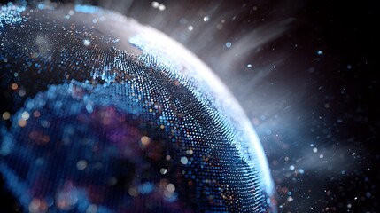 Abstract digital globe with blue and purple lights and particles on a dark background in space