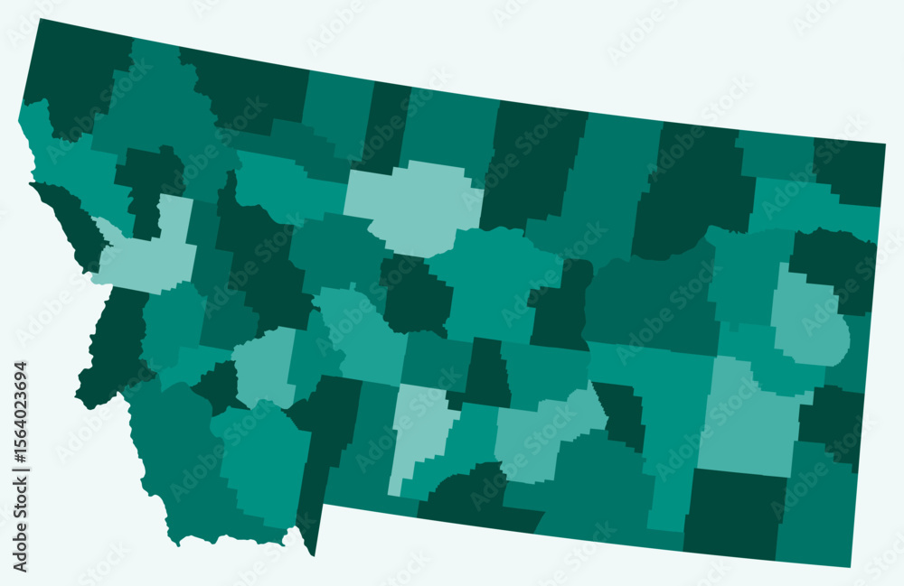 Poster map of montana with counties. just a simple state border map with county division. teal color palett