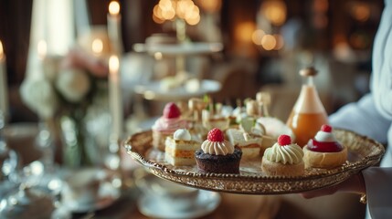 Elegant dessert platter featuring assorted pastries and cakes, beautifully arranged on a golden tray, set in a luxurious dining environment with soft candlelight ambiance