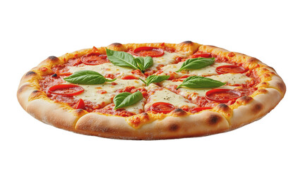 Delicious Cheese Pizza with Tomato Olive and Basil Toppings Isolated on White