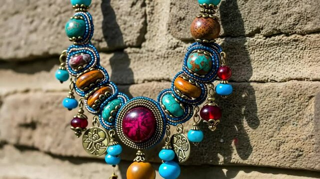Colorful beaded necklace featuring turquoise stones and beads against brick wall background. Jewelry, beadwork art, fashion accessory.
