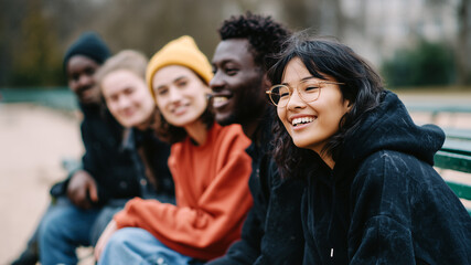 A diverse group of teenagers from different ethnic backgrounds sitting on a bench in a park, representing youth, friendship, diversity, and unity, showcasing modern society and cultural connections.