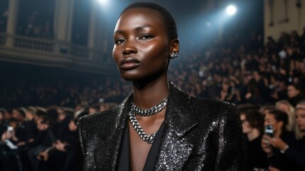 Elegant model showcases a sparkling jacket and chunky chain necklace at a fashion show, with a crowd of spectators in the background.