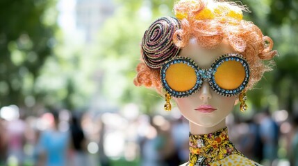 Mannequin Head with Ornate Accessories: A vibrant mannequin head sporting retro sunglasses and a decorative hat at an outdoor event.