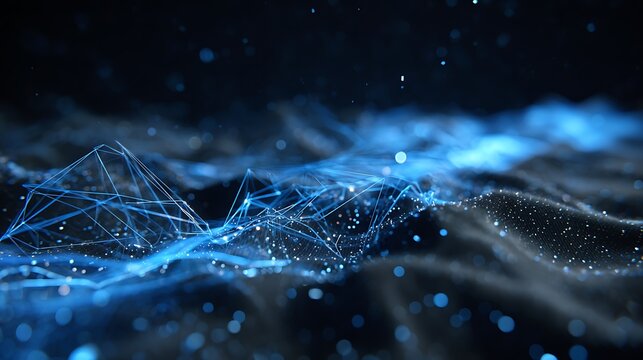 Abstract network of blue lines and dots on a dark background with bokeh effect and wavy pattern - Powered by Adobe