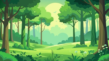 Obraz premium Enchanted Forest Illustration: A serene forest scene bathed in the soft glow of sunlight, showcasing vibrant greenery and a sense of peace.