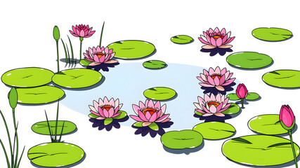 A drawing of a pond with several pink flowers floating on the surface