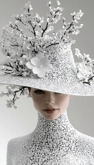 Elegant woman in intricate white floral hat and matching textured high-neck garment, set against a soft, neutral backdrop.
