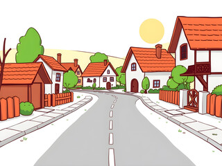 A cartoon drawing of a street with houses on either side