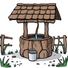 A cartoon drawing of a well with a bucket of water in it