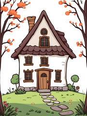A cartoon house with a chimney and a door
