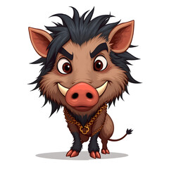 A cartoon pig with a chain around its neck and a tusk
