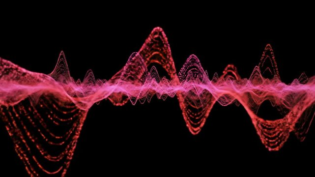 Abstract audio spectrum visualizer. Red pink frequency sound waveform on black background. Music pulse vibration, signal wave, audio spectrum. Concept for music, technology, science. - Powered by Adobe