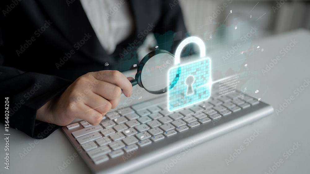 Poster cyber security protects against breaches, hacks, and network attacks using strong infrastructure and
