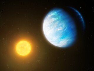 Planet near the star. Exoplanet in the light of the sun. Earth-like world against a background of stars. 