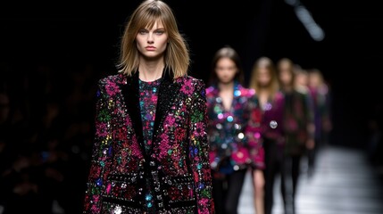 Runway model showcases an elaborate, sequined jacket, walking with confidence in a fashion show against a dark background.