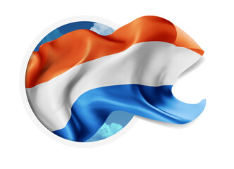Netherlands, vector 3d flag against a blue sky, through a round hole on a white background