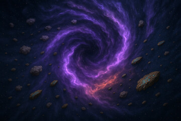 Vast purple nebula with swirling cosmic dust and asteroids in deep space