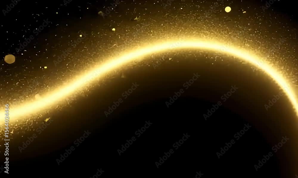 Poster golden glowing wave of light in motion against black background with sparkling particles