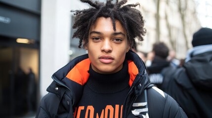 Portrait of a stylish individual, showcasing natural textured hair and a fashionable black puffer jacket with an orange inner lining.