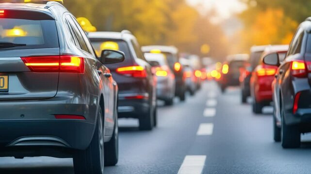 Heavy traffic forms on busy road, numerous vehicles stopped, brake lights shining brightly