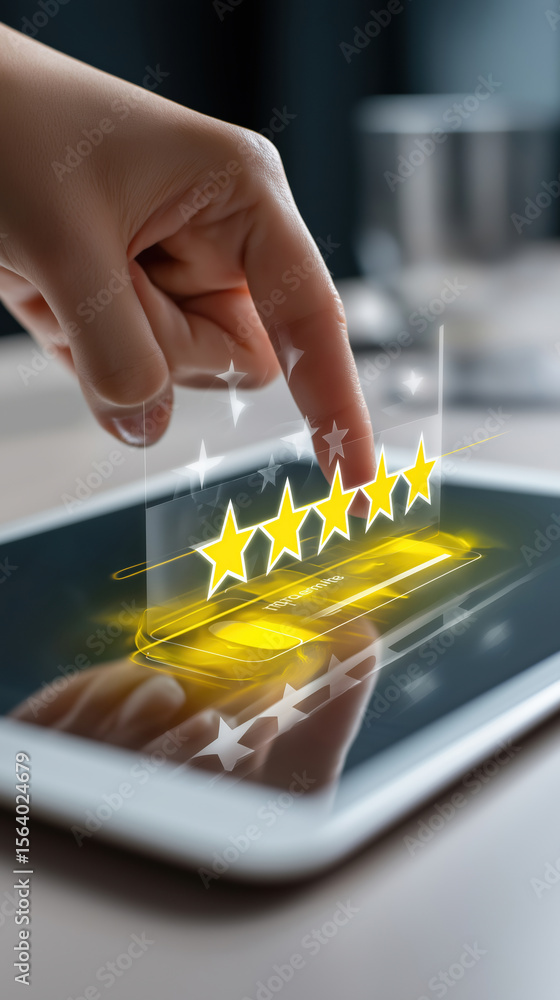 Poster user rating digital interface with five highlighted stars on a tablet screen