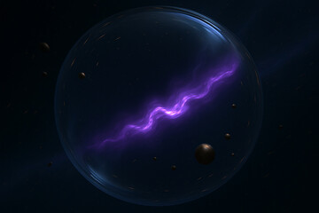 Cosmic bubble containing a vibrant purple nebula and dark celestial bodies