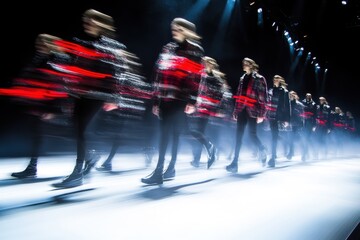 Runway fashion showcase with motion blur effect. Models display the latest attire against dark background. Contemporary style in action.