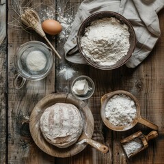 A wooden table with various ingredients for baking, including flour, sugar