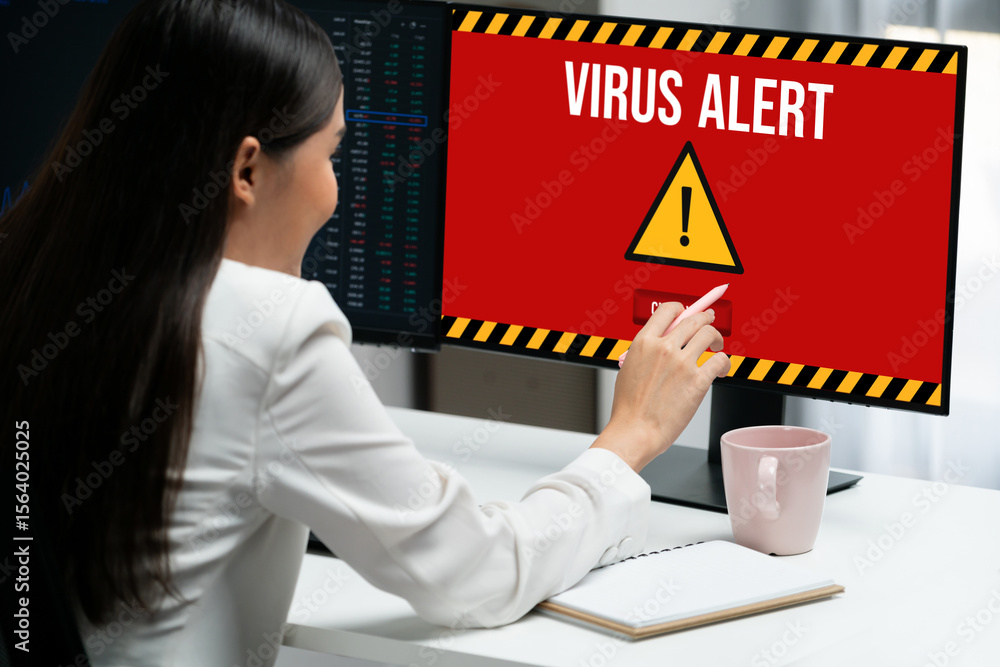 Poster virus warning alert on computer screen detected brisk cyber threat , hacker, computer virus and malw