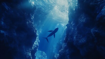 Whale moving quietly through deep ocean currents and light high resolution picture