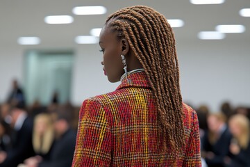 Runway style: Model with braided hair, statement earrings, and a vibrant plaid jacket captivates in this fashion-forward presentation.