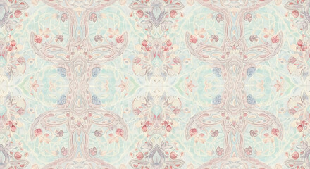 Fototapeta premium Symmetrical Pastel Kaleidoscope Pattern in Pink, Blue, and Beige