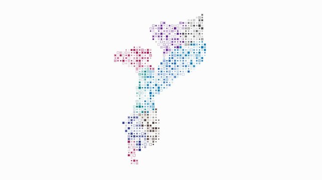 Mozambique dotted animation. Shape of the country build of pulsating colored dots. Small size square blocks. Digital style map on white background. Simple video.