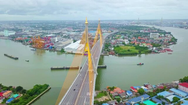 Aerial view of the mega bridge crossing the chao phraya river in bangkok