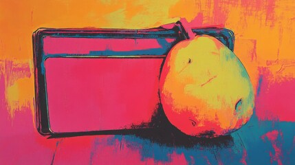 A painting of a pear and a box with a label on it