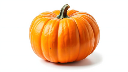 Obraz premium Fresh orange pumpkin with green stem isolated on white background, bright and smooth surface with natural texture