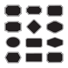 Collection of twelve diverse black and white graphic design elements featuring empty sign shapes and frames on a white background