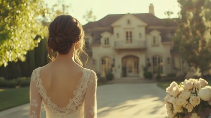 Back view of woman in lace dress looking towards large house with manicured lawn and floral bouquet, wedding, love and dreams