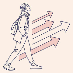 Fototapeta premium Young man walking confidently with arrows representing growth on a soft background