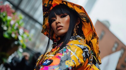 A striking person with dark hair, dramatic eyeliner, and gold earrings wearing a vibrant colorful outfit, set against a city backdrop.