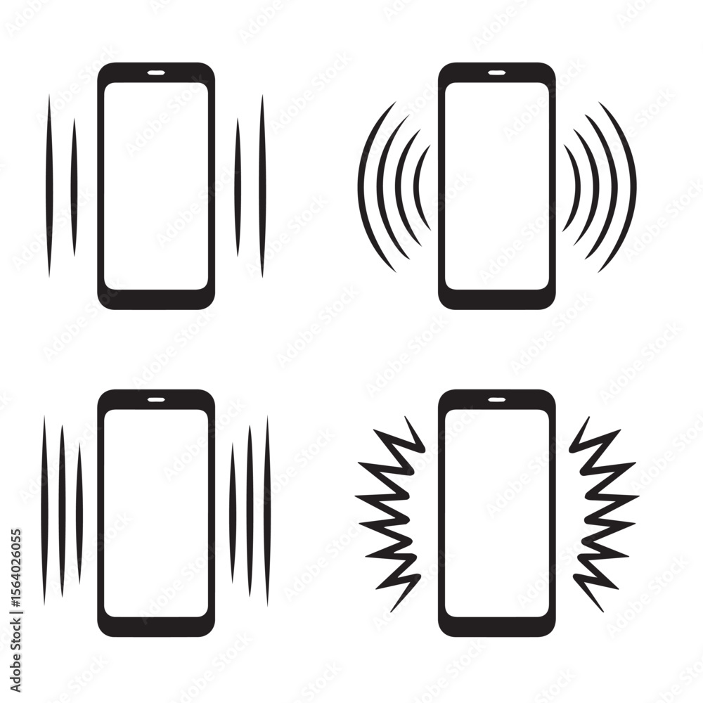 Poster four black and white icons of a smartphone displaying different notification or ringing signals on a