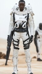 Futuristic warrior in white tactical suit with an advanced weapon, set against a desert backdrop.