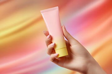 Elegant woman's hand delicately holding a tube of gradient skincare product