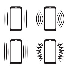 Four black and white icons of a smartphone displaying different notification or ringing signals on a white background