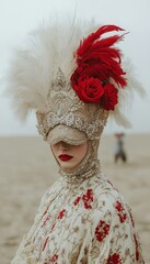 Woman in elaborate headdress with feathers and roses stands out in a minimalist, artistic scene. High fashion elegance meets stark backdrop.